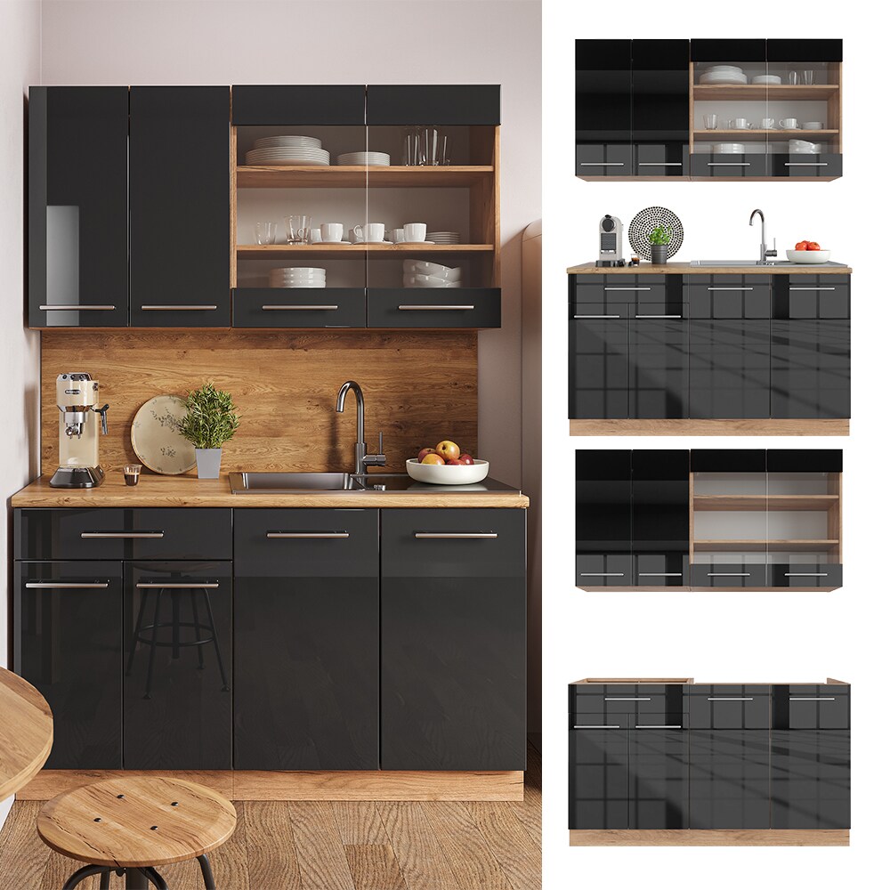 Vicco Küchenzeile Küchenblock Einbauküche Fame-Line Single Eiche Anthrazit 140 cm modern Küchen Schränke Spülenunterschrank Schubunterschrank Hängeschrank Hängeglasschrank Hochglanz