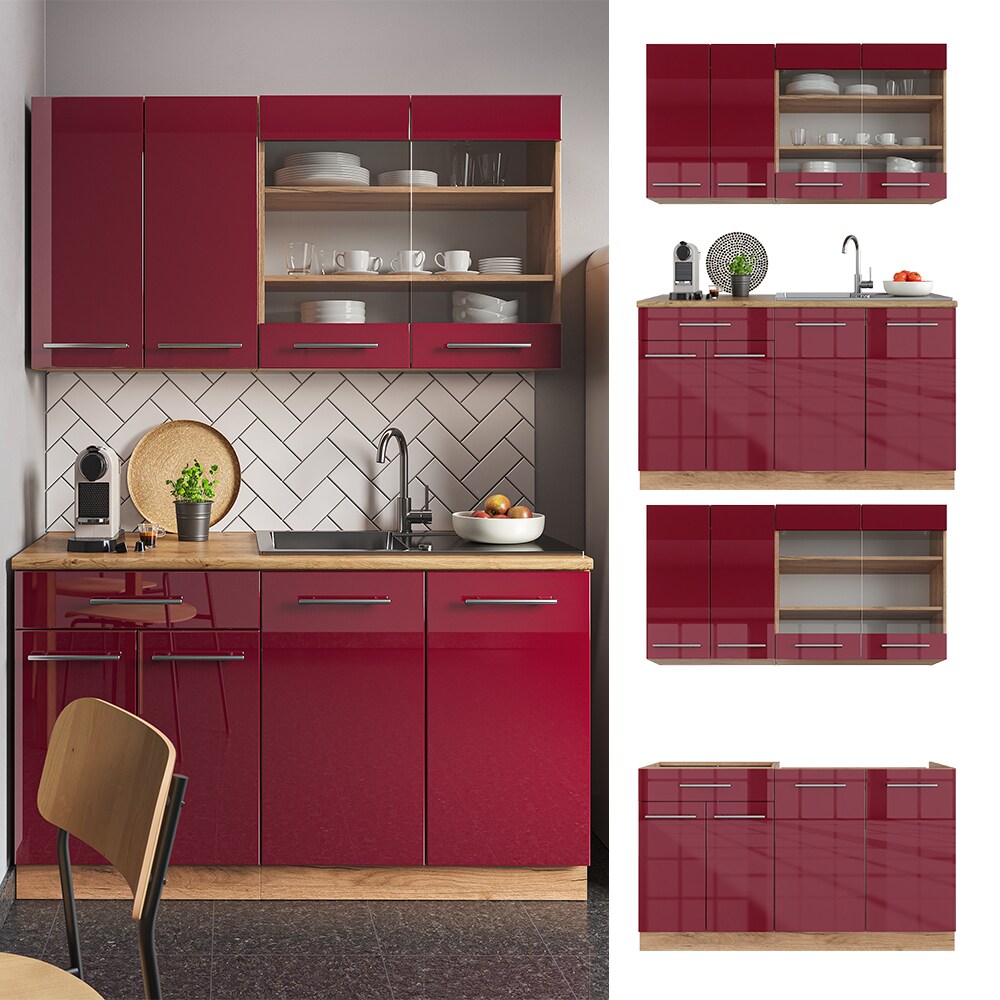 Vicco Küchenzeile Küchenblock Einbauküche Fame-Line Single Eiche Rot Bordeaux 140 cm modern Küchen Schränke Spülenunterschrank Schubunterschrank Hängeschrank Hängeglasschrank Hochglanz
