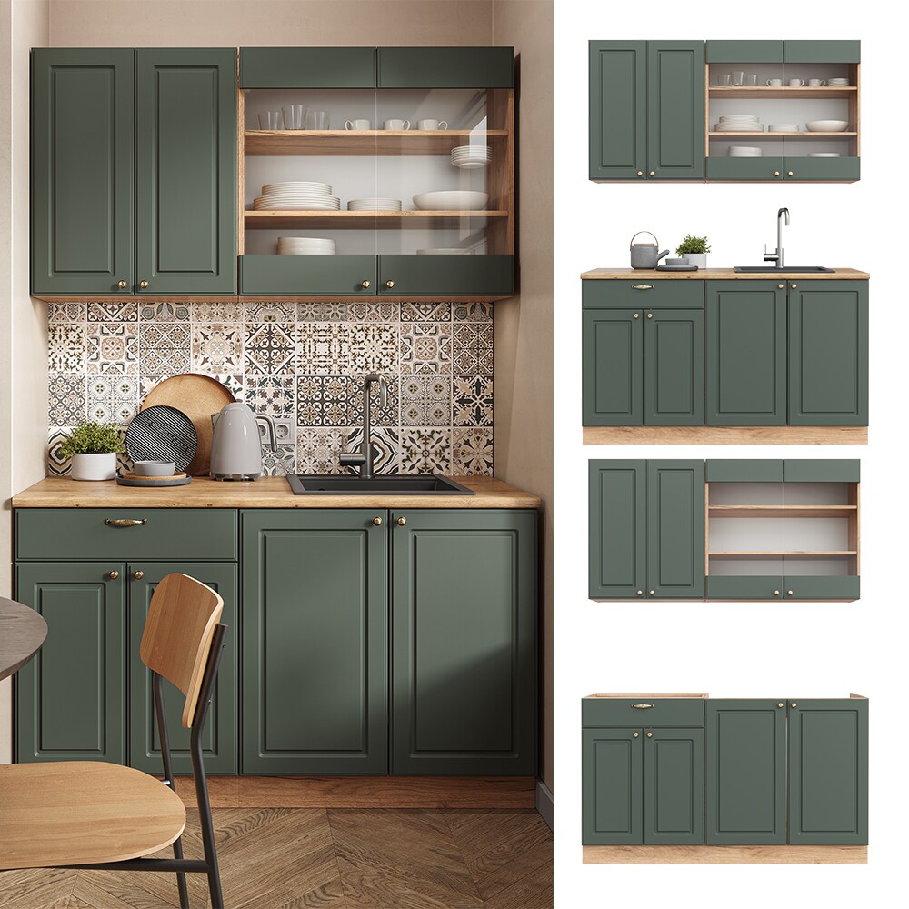 Vicco Küchenzeile Küchenblock Einbauküche Fame-Line Single Landhaus Eiche Grün Gold 140 cm modern Küchen Schränke Spülenunterschrank Schubunterschrank Hängeschrank Hängeglasschrank
