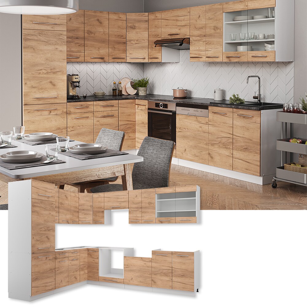 Vicco Eckküche Küchenzeile Einbauküche Fame-Line Weiß Eiche 227x287 cm modern Spülenunterschrank Schubunterschrank Eckunterschrank Herdumbauschrank Hängeschrank Kühlumbauschrank Hängeglasschrank