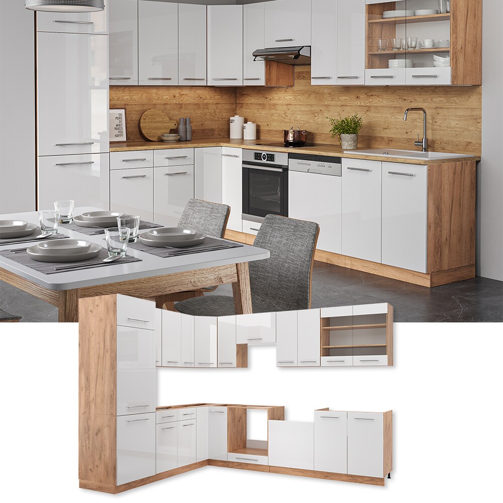 Vicco Eckküche Küchenzeile Einbauküche Fame-Line Eiche Weiß 227x287 cm modern Spülenunterschrank Schubunterschrank Eckunterschrank Herdumbauschrank Hängeschrank Kühlumbauschrank Hängeglasschrank