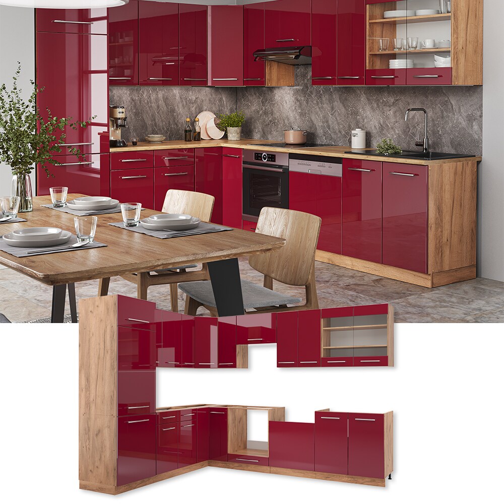 Vicco Eckküche Küchenzeile Einbauküche Fame-Line Eiche Bordeaux Rot 227x287 cm modern Spülenunterschrank Schubunterschrank Eckunterschrank Herdumbauschrank Hängeschrank Kühlumbauschrank Hängeglasschrank