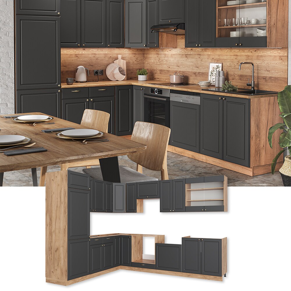 Vicco Eckküche Küchenzeile Einbauküche Fame-Line Landhaus Eiche Anthrazit Gold 227x287 cm Spülenunterschrank Schubunterschrank Eckunterschrank Herdumbauschrank Hängeschrank Kühlumbauschrank