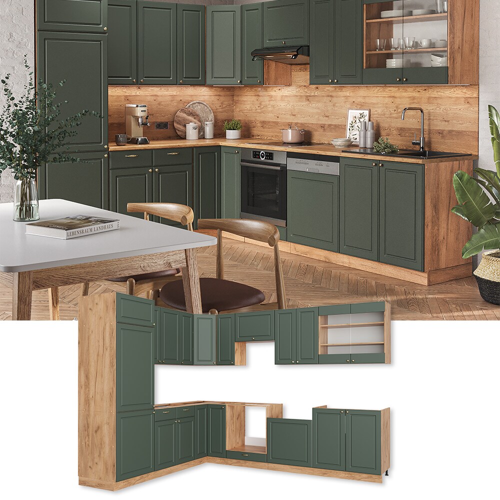 Vicco Eckküche Küchenzeile Einbauküche Fame-Line Landhaus Eiche Grün Gold 227x287 cm Spülenunterschrank Schubunterschrank Eckunterschrank Herdumbauschrank Hängeschrank Kühlumbauschrank