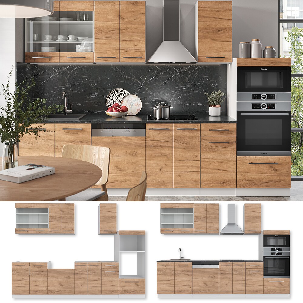 Vicco K&uuml;chenzeile K&uuml;chenblock Einbauk&uuml;che Fame-Line Wei&szlig; Eiche 300 cm modern K&uuml;chen Schr&auml;nke Schubunterschrank Unterschrank Sp&uuml;lenunterschrank H&auml;ngeschrank Mikrowellenschrank Geschirrsp&uuml;lerblende - Bild 1