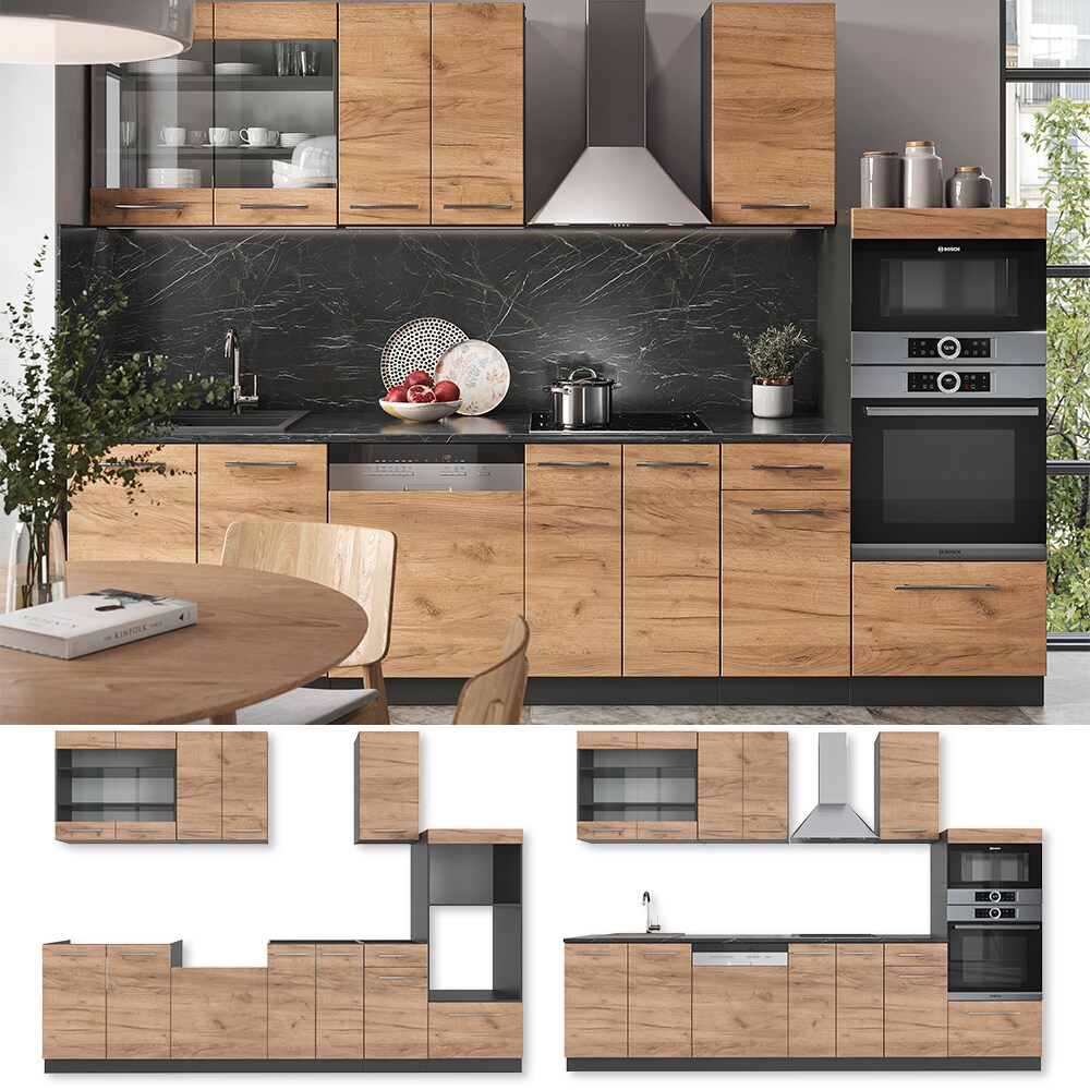 Vicco K&uuml;chenzeile K&uuml;chenblock Einbauk&uuml;che Fame-Line Anthrazit Eiche 300 cm modern K&uuml;chen Schr&auml;nke Schubunterschrank Unterschrank Sp&uuml;lenunterschrank H&auml;ngeschrank Mikrowellenschrank Geschirrsp&uuml;lerblende - Bild 1