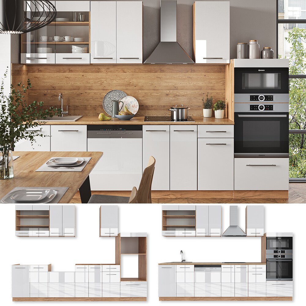 Vicco Küchenzeile Küchenblock Einbauküche Fame-Line Eiche Weiß 300 cm modern Küchen Schränke Schubunterschrank Unterschrank Spülenunterschrank Hängeschrank Mikrowellenschrank Geschirrspülerblende