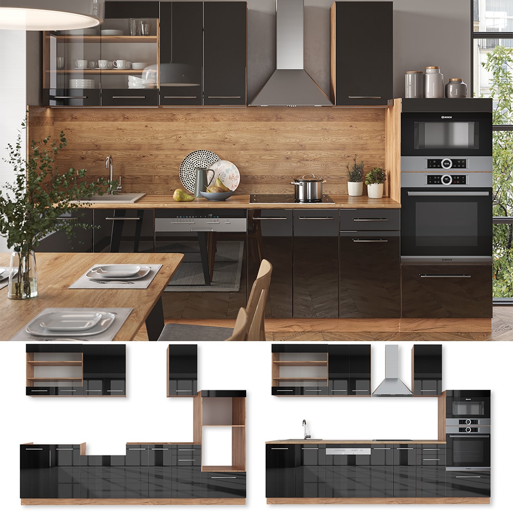 Vicco K&uuml;chenzeile K&uuml;chenblock Einbauk&uuml;che Fame-Line Eiche Anthrazit 300 cm modern K&uuml;chen Schr&auml;nke Schubunterschrank Unterschrank Sp&uuml;lenunterschrank H&auml;ngeschrank Mikrowellenschrank Geschirrsp&uuml;lerblende - Bild 1