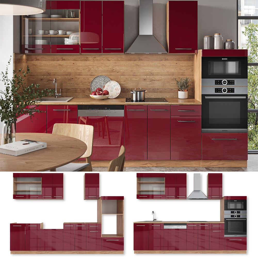 Vicco Küchenzeile Küchenblock Einbauküche Fame-Line Eiche Bordeaux Rot 300 cm modern Küchen Schränke Schubunterschrank Unterschrank Spülenunterschrank Hängeschrank Mikrowellenschrank Geschirrspülerblende