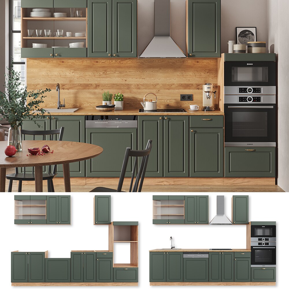 Vicco Küchenzeile Küchenblock Einbauküche Fame-Line Landhaus Eiche Grün Gold 300 cm Schubunterschrank Unterschrank Spülenunterschrank Hängeschrank Mikrowellenschrank Geschirrspülerblende