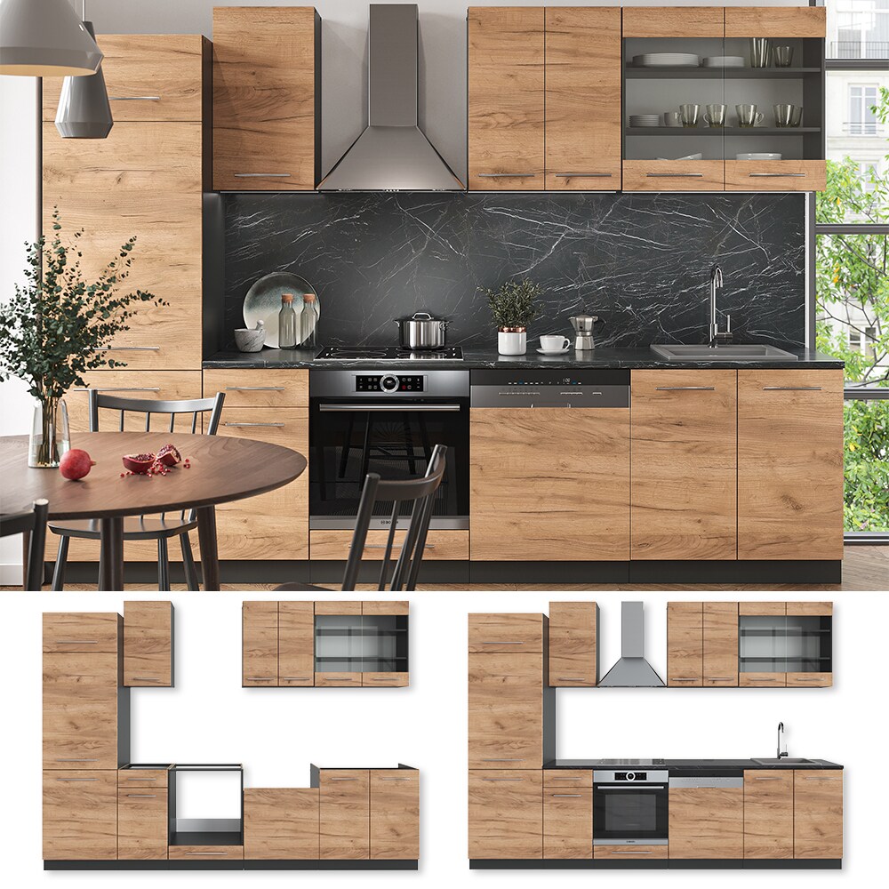 Vicco K&uuml;chenzeile K&uuml;chenblock Einbauk&uuml;che Fame-Line Anthrazit Eiche 300cm modern K&uuml;chenschr&auml;nke Schubunterschrank Herdumbauschrank Sp&uuml;lenunterschrank H&auml;ngeschrank K&uuml;hlumbauschrank Geschirrsp&uuml;lerblende - Bild 1