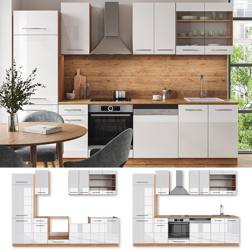 Vicco K&uuml;chenzeile K&uuml;chenblock Einbauk&uuml;che Fame-Line Eiche Wei&szlig; 300 cm modern Schubunterschrank Herdumbauschrank Sp&uuml;lenunterschrank H&auml;ngeschrank K&uuml;hlumbauschrank Geschirrsp&uuml;lerblende Hochglanz - Bild 1