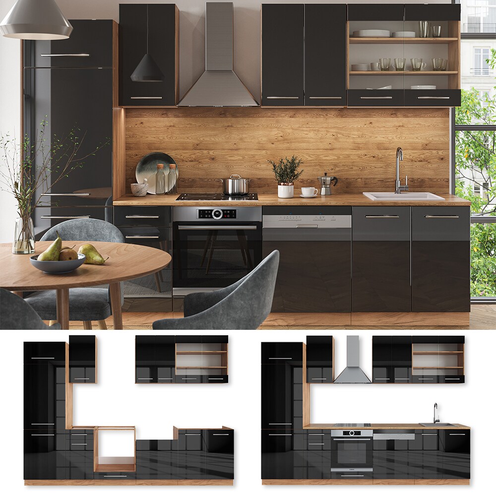 Vicco K&uuml;chenzeile K&uuml;chenblock Einbauk&uuml;che Fame-Line Eiche Anthrazit 300 cm modern Schubunterschrank Herdumbauschrank Sp&uuml;lenunterschrank H&auml;ngeschrank K&uuml;hlumbauschrank Geschirrsp&uuml;lerblende Hochglanz - Bild 1