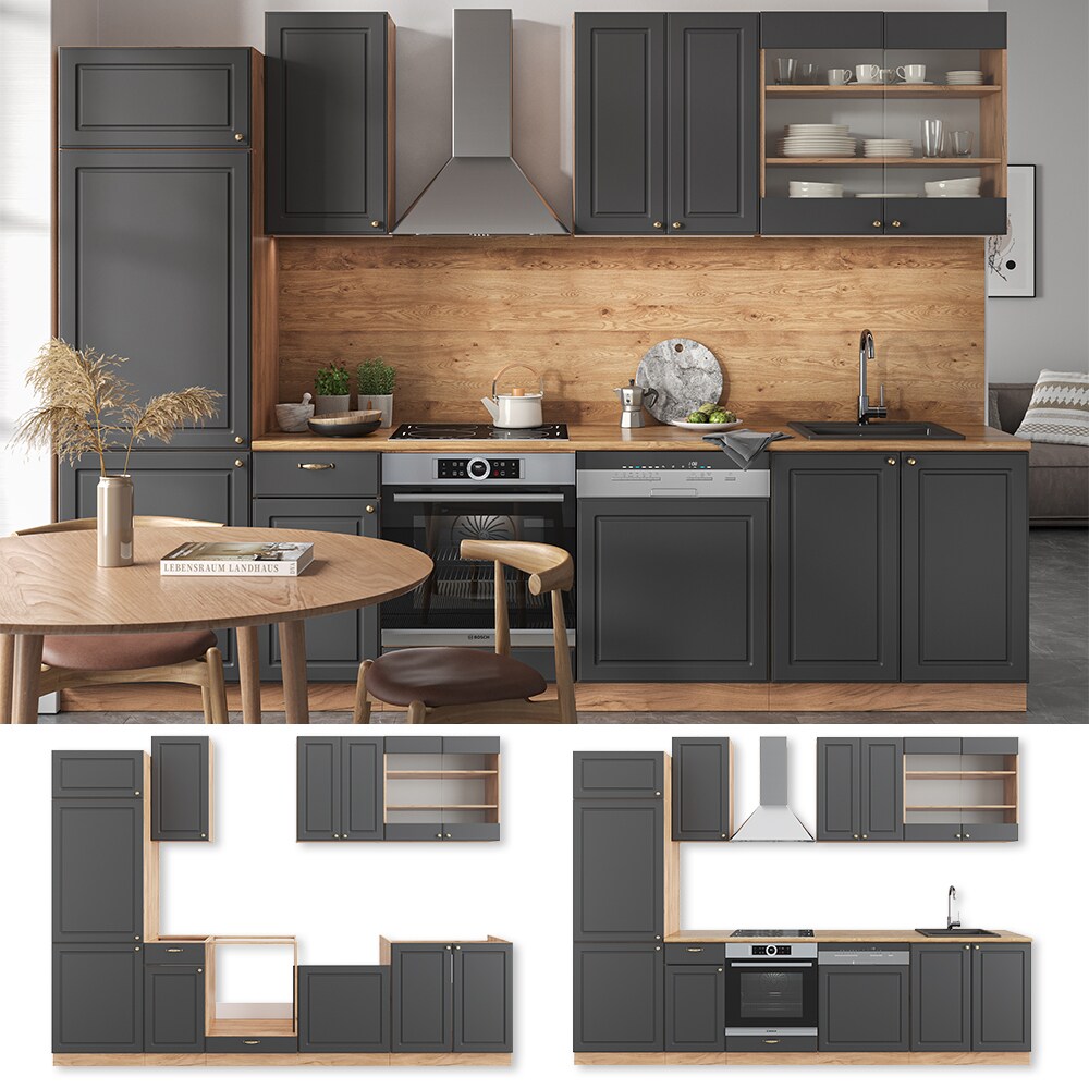 Vicco K&uuml;chenzeile K&uuml;chenblock Einbauk&uuml;che Fame-Line Landhaus Eiche Anthrazit Gold 300 cm Schubunterschrank Herdumbauschrank Sp&uuml;lenunterschrank H&auml;ngeschrank K&uuml;hlumbauschrank Geschirrsp&uuml;lerblende - Bild 1