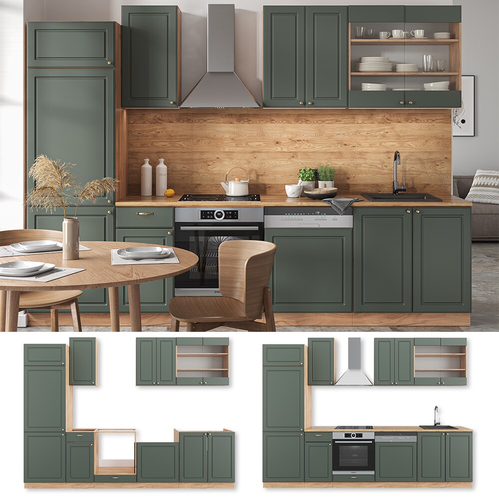 Vicco K&uuml;chenzeile K&uuml;chenblock Einbauk&uuml;che Fame-Line Landhaus Eiche Gr&uuml;n Gold 300 cm Schubunterschrank Herdumbauschrank Sp&uuml;lenunterschrank H&auml;ngeschrank K&uuml;hlumbauschrank Geschirrsp&uuml;lerblende - Bild 1