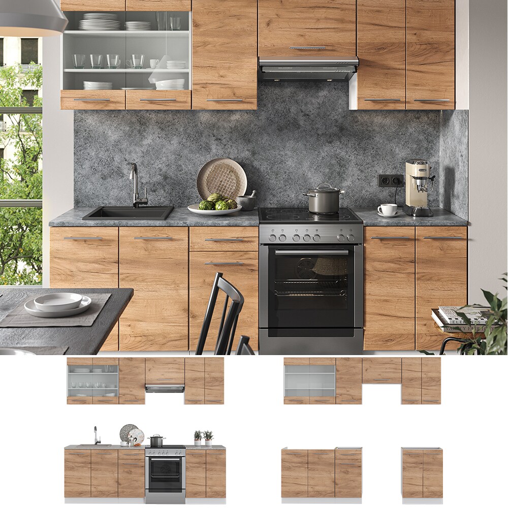 Vicco Küchenzeile Küchenblock Einbauküche Fame-Line Weiß Eiche 240 cm modern Küchen Schränke Spülenunterschrank Schubunterschrank Hängeschrank Hängeglasschrank