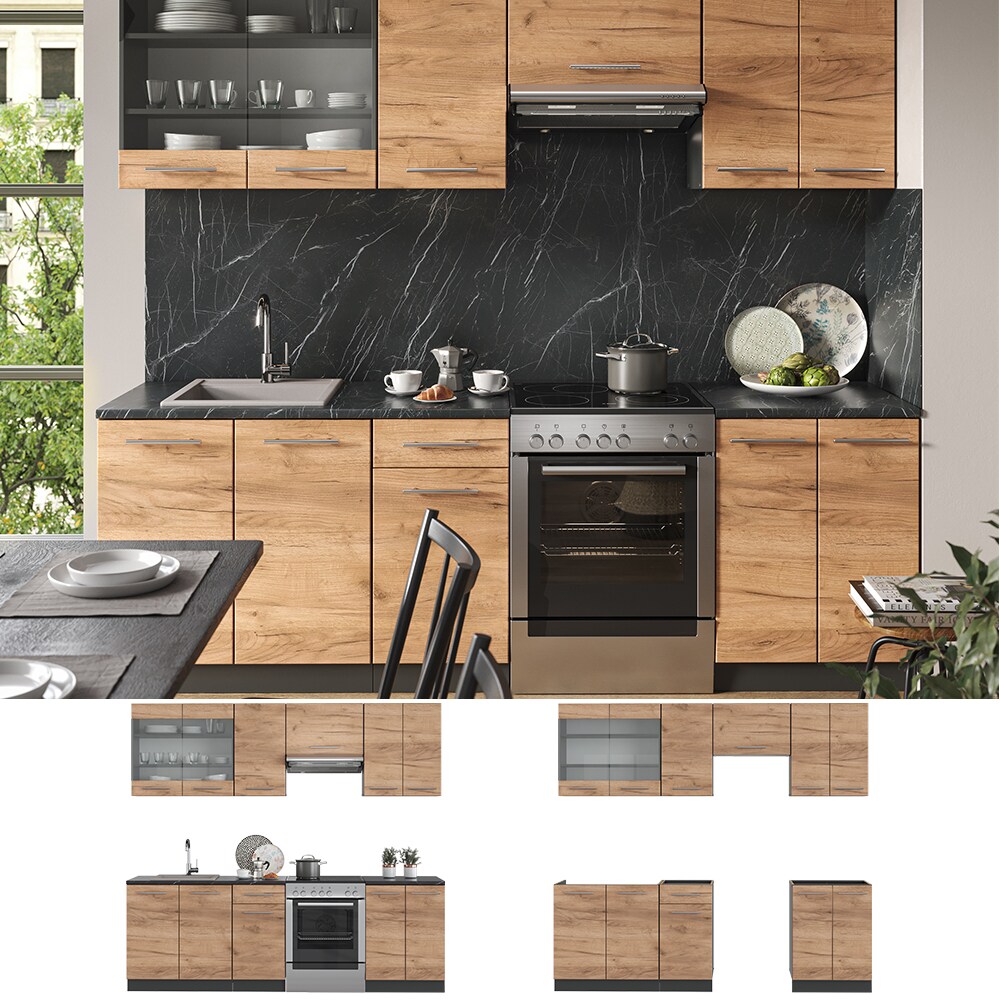 Vicco Küchenzeile Küchenblock Einbauküche Fame-Line Anthrazit Eiche 240 cm modern Küchen Schränke Spülenunterschrank Schubunterschrank Hängeschrank Hängeglasschrank
