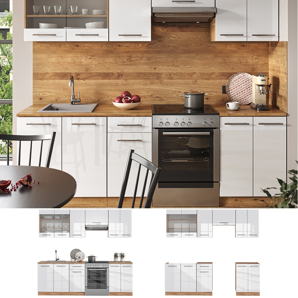 Vicco Küchenzeile Küchenblock Einbauküche Fame-Line Eiche Weiß 240 cm modern Küchen Schränke Spülenunterschrank Schubunterschrank Hängeschrank Hängeglasschrank Hochglanz | 04066731170340