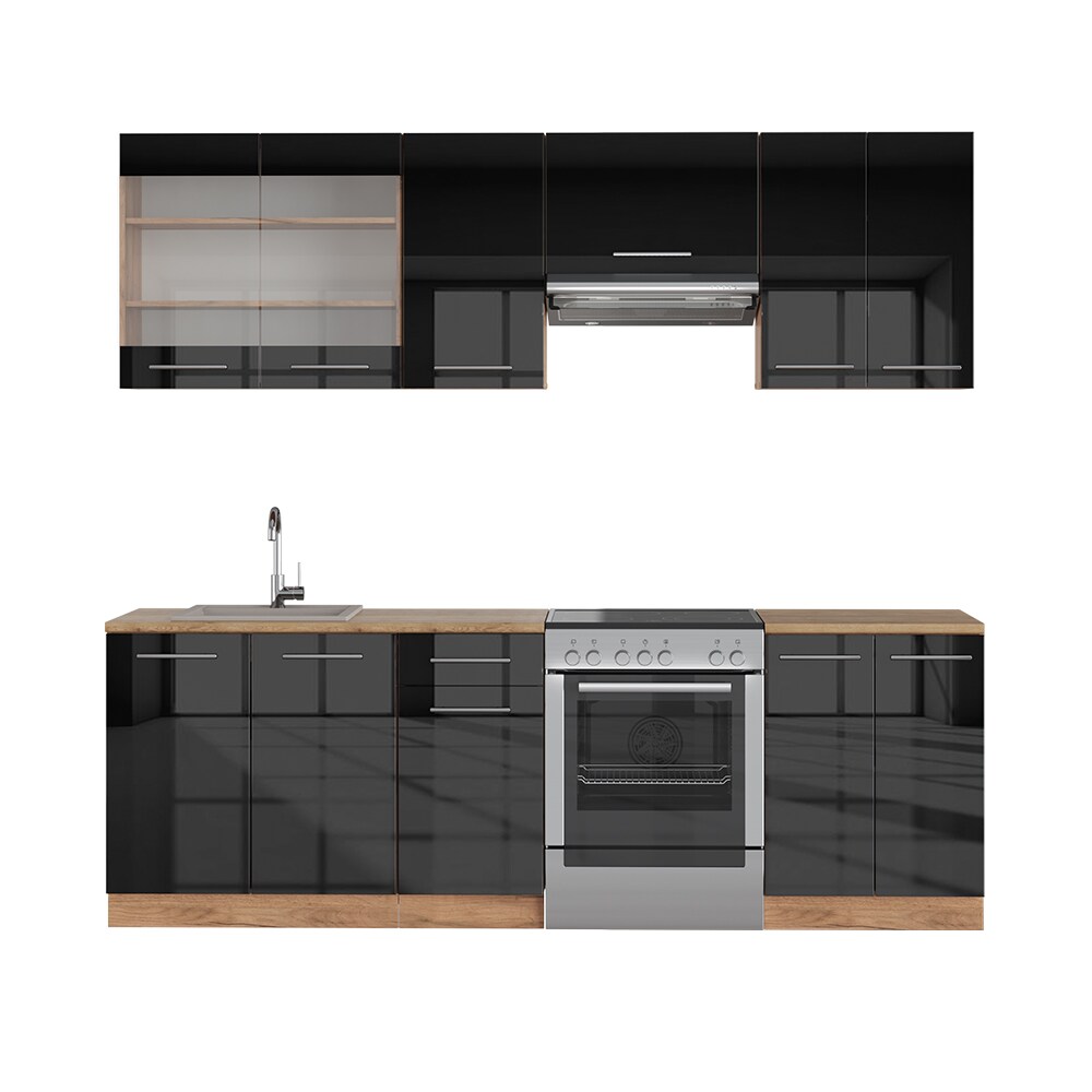 Vicco Küchenzeile Küchenblock Einbauküche Fame-Line Eiche Anthrazit 240 cm modern Küchen Schränke Spülenunterschrank Schubunterschrank Hängeschrank Hängeglasschrank Hochglanz