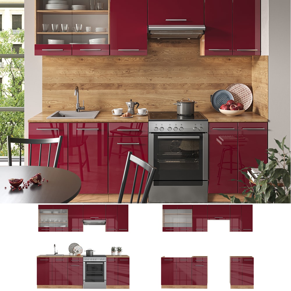 Vicco K&uuml;chenzeile K&uuml;chenblock Einbauk&uuml;che Fame-Line Eiche Rot Bordeaux 240 cm modern K&uuml;chen Schr&auml;nke Sp&uuml;lenunterschrank Schubunterschrank H&auml;ngeschrank H&auml;ngeglasschrank Hochglanz - Bild 1