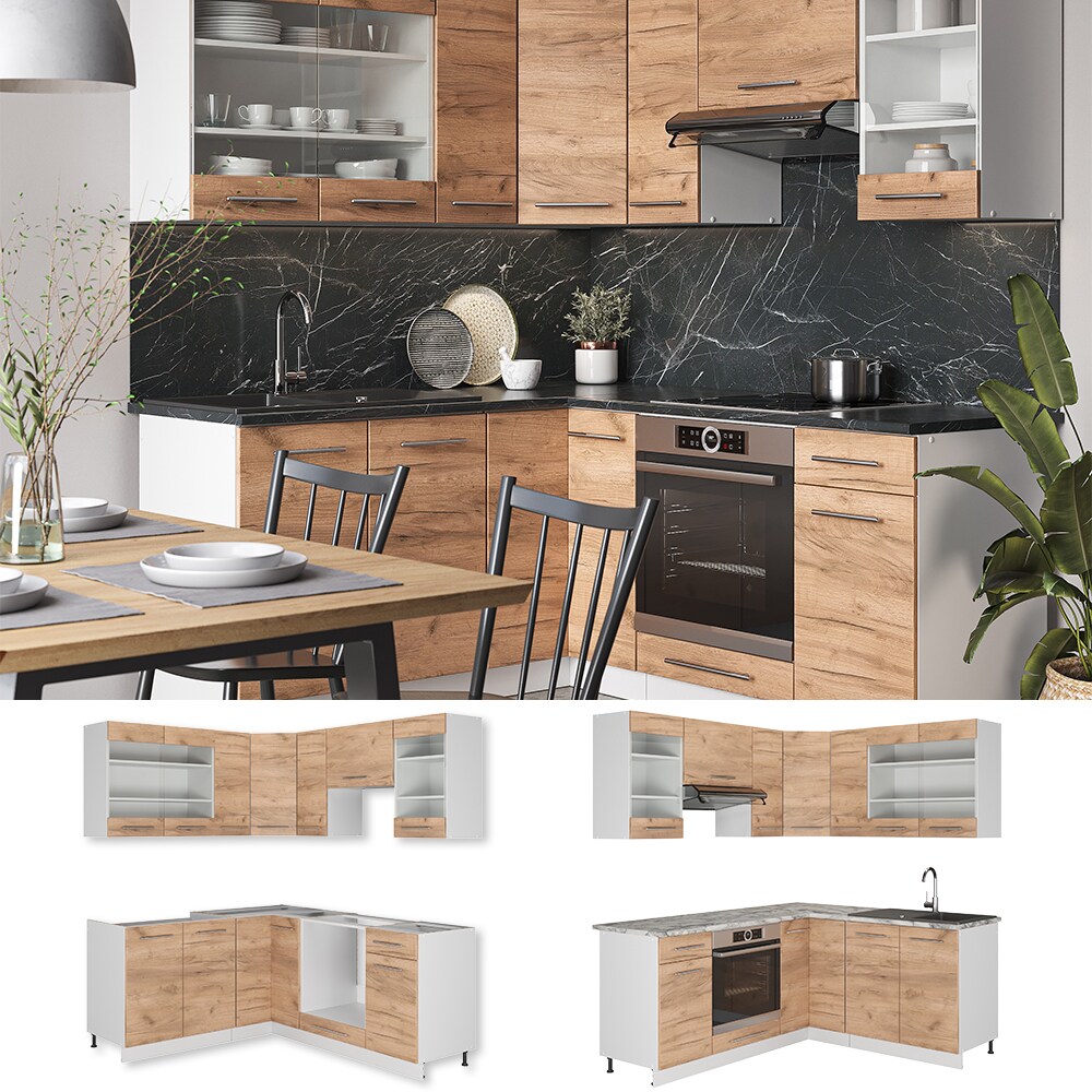 Vicco Eckküche Küchenzeile Einbauküche Fame-Line Weiß Eiche 190 cm modern Küchen Schränke Schubunterschrank Spülenunterschrank Eckunterschrank Herdumbauschrank Hängeglasschrank Hängeschrank