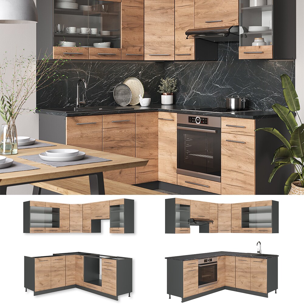 Vicco Eckküche Küchenzeile Einbauküche Fame-Line Anthrazit Eiche 190 cm modern Schubunterschrank Spülenunterschrank Eckunterschrank Herdumbauschrank Hängeglasschrank Hängeschrank