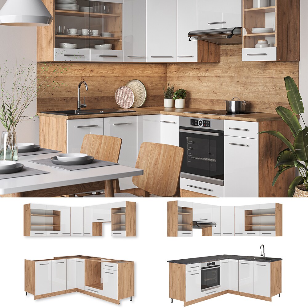Vicco Eckküche Küchenzeile Einbauküche Fame-Line Eiche Weiß 190 cm modern Schubunterschrank Spülenunterschrank Eckunterschrank Herdumbauschrank Hängeglasschrank Hängeschrank Hochglanz