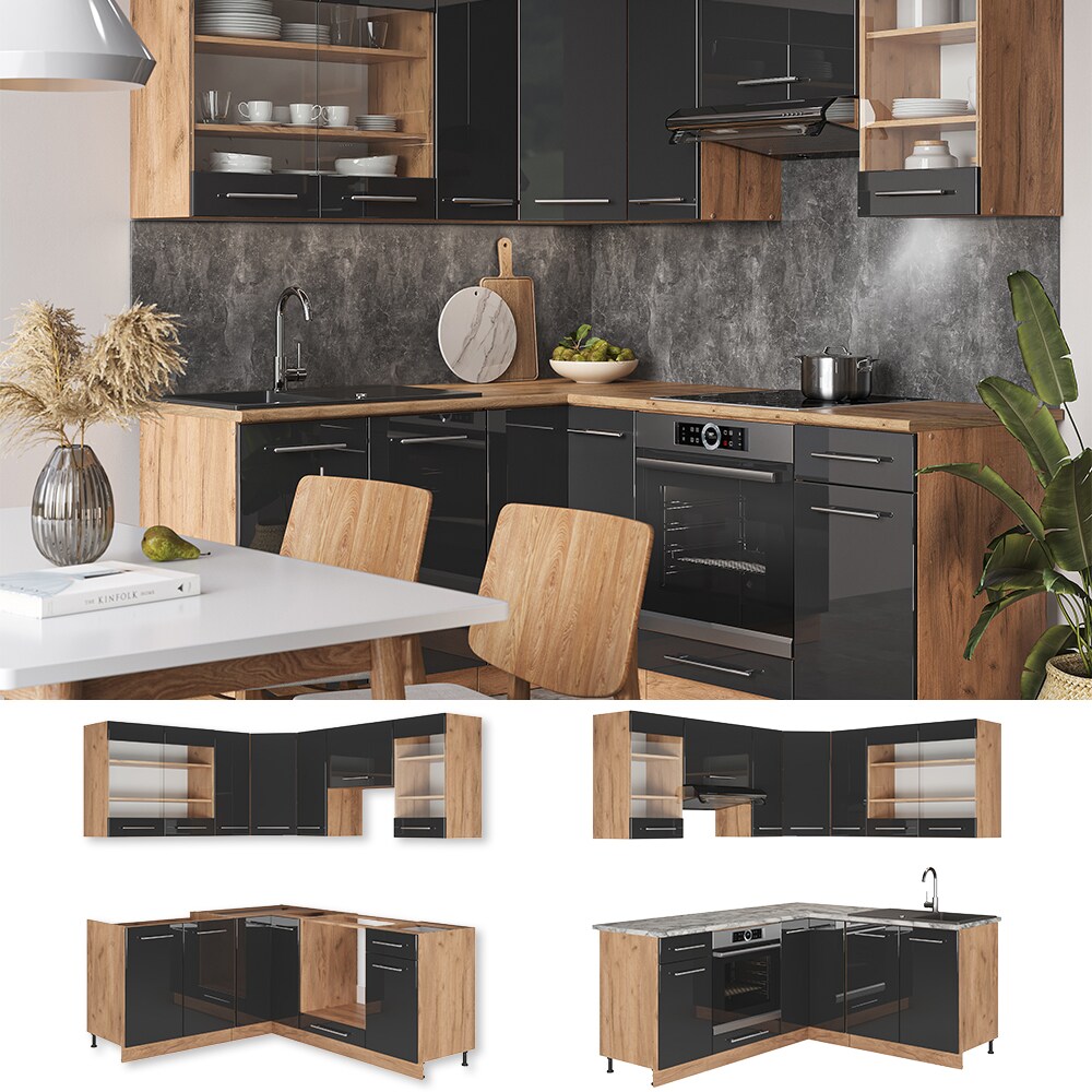 Vicco Eckküche Küchenzeile Einbauküche Fame-Line Eiche Anthrazit 190 cm modern Schubunterschrank Spülenunterschrank Eckunterschrank Herdumbauschrank Hängeglasschrank Hängeschrank Hochglanz