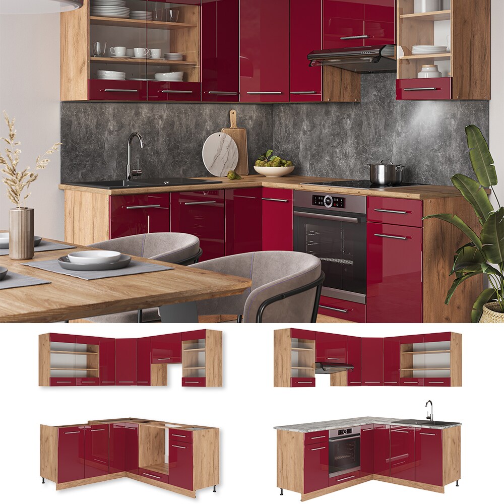 Vicco Eckküche Küchenzeile Einbauküche Fame-Line Eiche Bordeaux Rot 190 cm modern Schubunterschrank Spülenunterschrank Eckunterschrank Herdumbauschrank Hängeglasschrank Hängeschrank Hochglanz