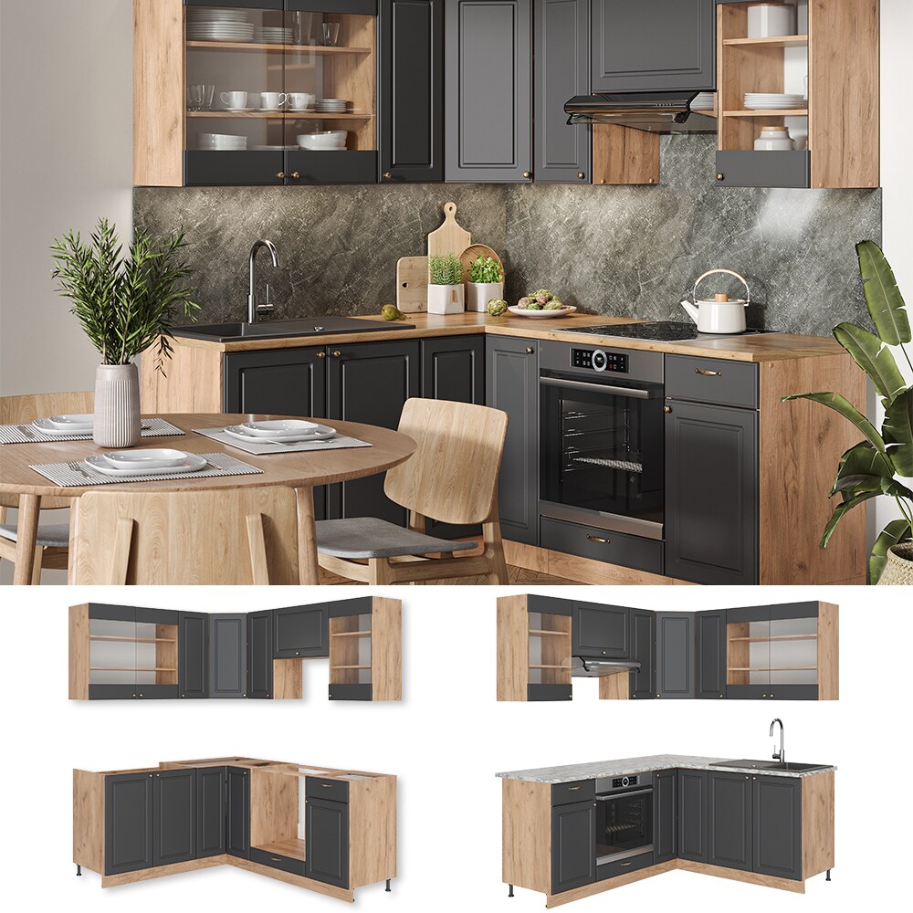 Vicco Eckküche Küchenzeile Einbauküche Fame-Line Landhaus Eiche Anthrazit Gold 190 cm Schubunterschrank Spülenunterschrank Eckunterschrank Herdumbauschrank Hängeglasschrank Hängeschrank