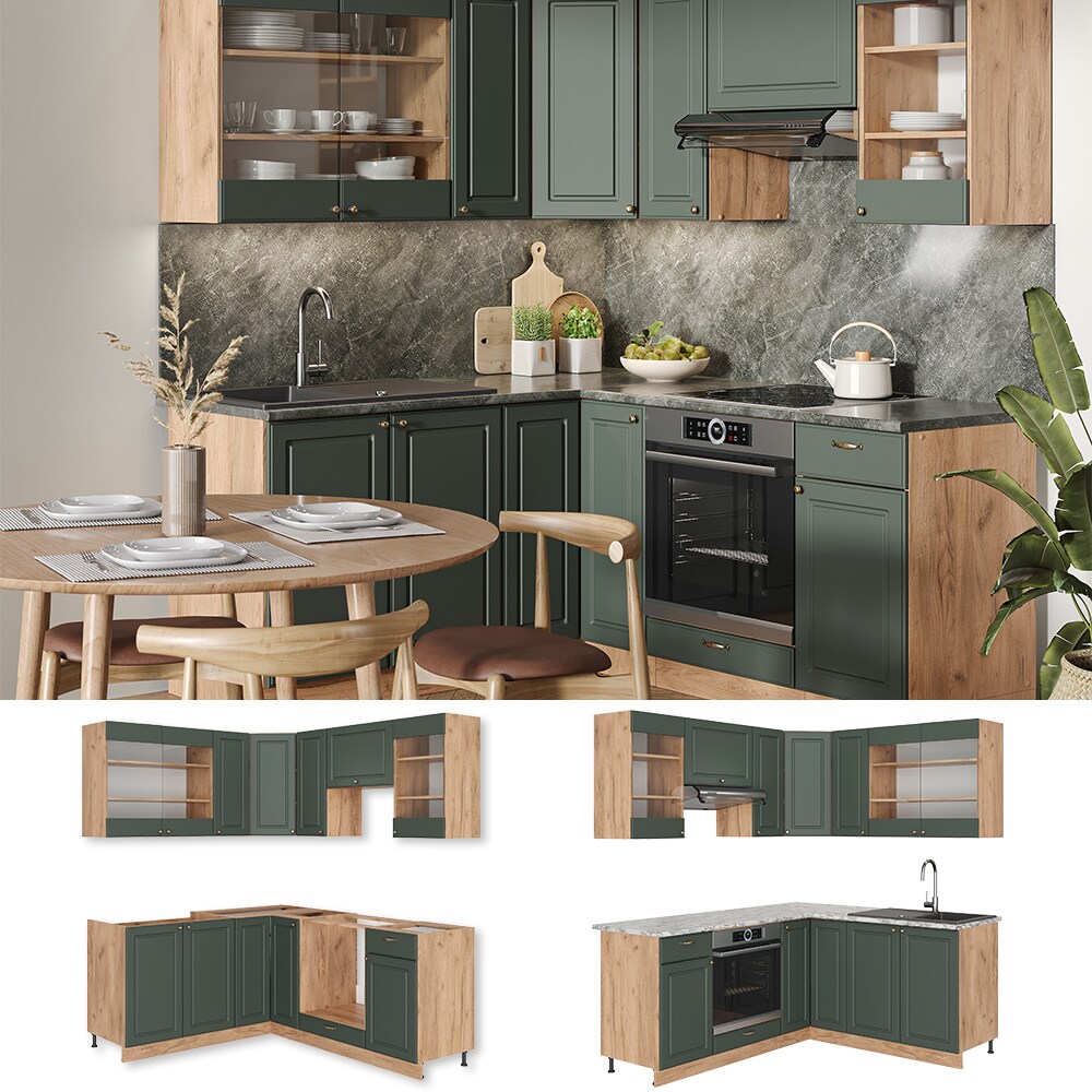 Vicco Eckküche Küchenzeile Einbauküche Fame-Line Landhaus Eiche Grün Gold 190 cm Schubunterschrank Spülenunterschrank Eckunterschrank Herdumbauschrank Hängeglasschrank Hängeschrank
