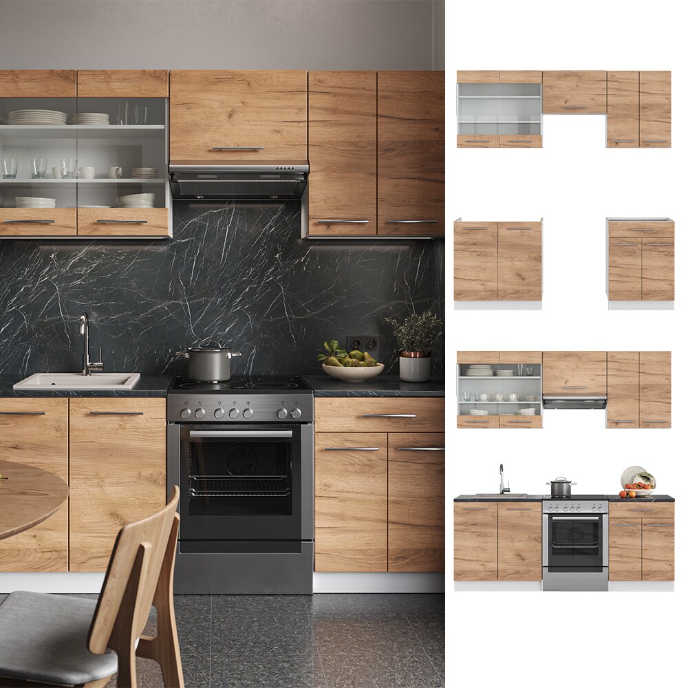 Vicco K&uuml;chenzeile K&uuml;chenblock Einbauk&uuml;che Fame-Line Wei&szlig; Eiche 200 cm modern K&uuml;chen Schr&auml;nke Schubunterschrank Sp&uuml;lenunterschrank H&auml;ngeschrank H&auml;ngeglasschrank - Bild 1