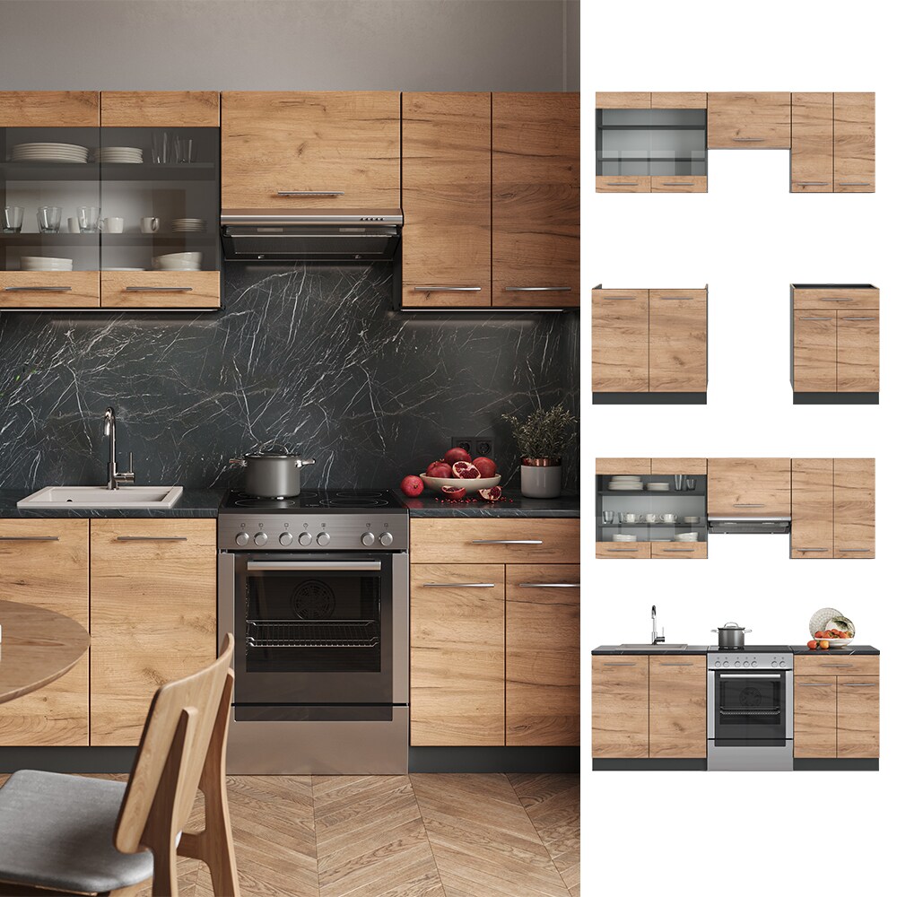 Vicco Küchenzeile Küchenblock Einbauküche Fame-Line Anthrazit Eiche 200 cm modern Küchen Schränke Schubunterschrank Spülenunterschrank Hängeschrank Hängeglasschrank