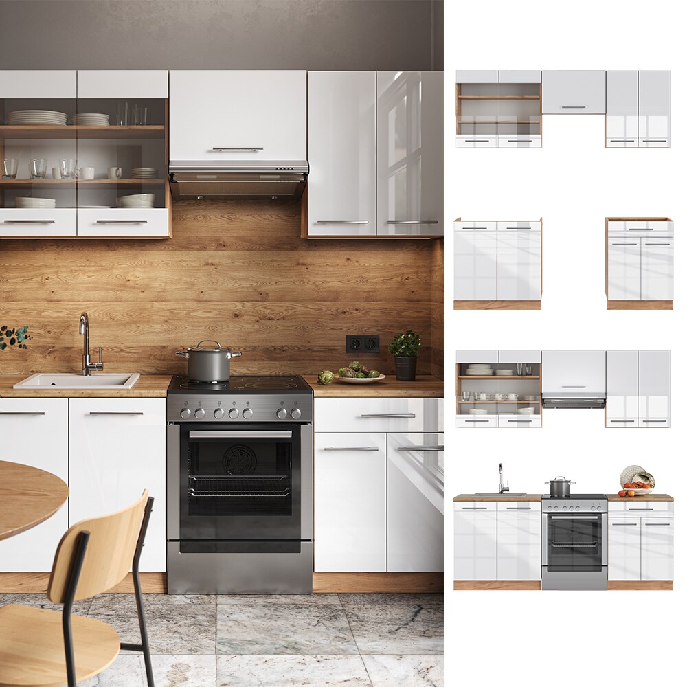 Vicco K&uuml;chenzeile K&uuml;chenblock Einbauk&uuml;che Fame-Line Eiche Wei&szlig; 200 cm modern K&uuml;chen Schr&auml;nke Schubunterschrank Sp&uuml;lenunterschrank H&auml;ngeschrank H&auml;ngeglasschrank Hochglanz - Bild 1