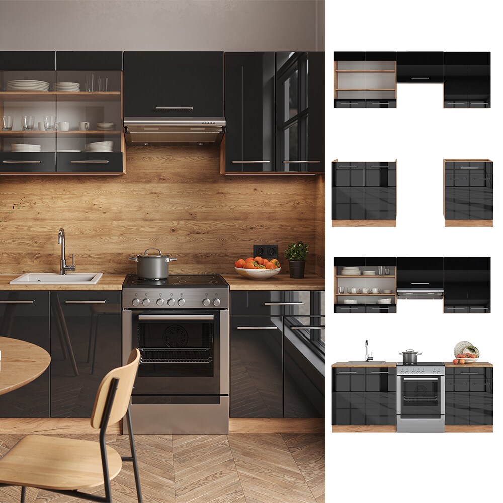 Vicco Küchenzeile Küchenblock Einbauküche Fame-Line Eiche Anthrazit 200 cm modern Küchen Schränke Schubunterschrank Spülenunterschrank Hängeschrank Hängeglasschrank Hochglanz