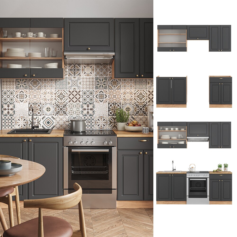 Vicco Küchenzeile Küchenblock Einbauküche Fame-Line Landhaus Eiche Anthrazit Gold 200 cm Küchen Schränke Schubunterschrank Spülenunterschrank Hängeschrank Hängeglasschrank