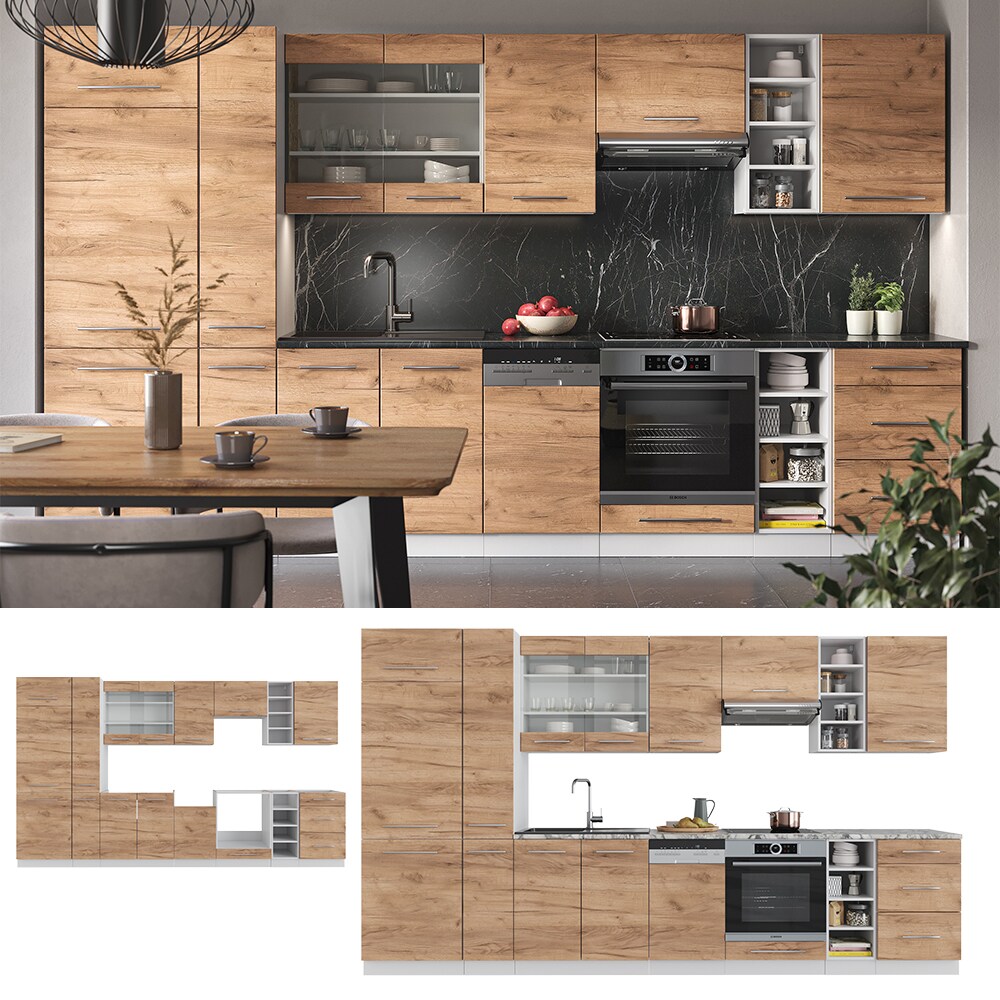 Vicco K&uuml;chenzeile K&uuml;chenblock Einbauk&uuml;che Fame-Line Wei&szlig; Eiche 355 cm modern Sp&uuml;lenunterschrank Herdumbauschrank Schubunterschrank H&auml;ngeschrank K&uuml;hlumbauschrank Apothekerhochschrank Unterschrank - Bild 1