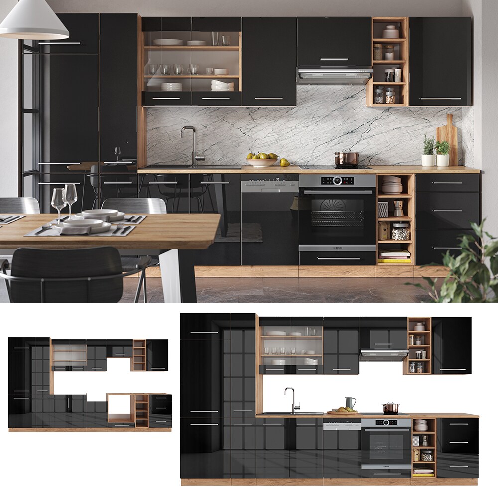 Vicco K&uuml;chenzeile K&uuml;chenblock Einbauk&uuml;che Fame-Line Eiche Anthrazit 355 cm modern Sp&uuml;lenunterschrank Herdumbauschrank Schubunterschrank H&auml;ngeschrank K&uuml;hlumbauschrank Apothekerhochschrank Unterschrank - Bild 1