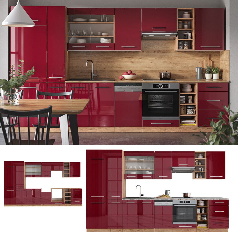 Vicco Küchenzeile Küchenblock Einbauküche Fame-Line Eiche Bordeaux Rot 355 cm modern Spülenunterschrank Herdumbauschrank Schubunterschrank Hängeschrank Kühlumbauschrank Apothekerhochschrank Unterschrank