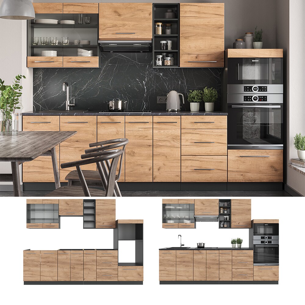Vicco Küchenzeile Küchenblock Einbauküche Fame-Line Anthrazit Eiche 280cm modern Küchen Schränke Spülenunterschrank Unterschrank Schubunterschrank Hängeschrank Mikrowellenschrank Apothekerunterschrank