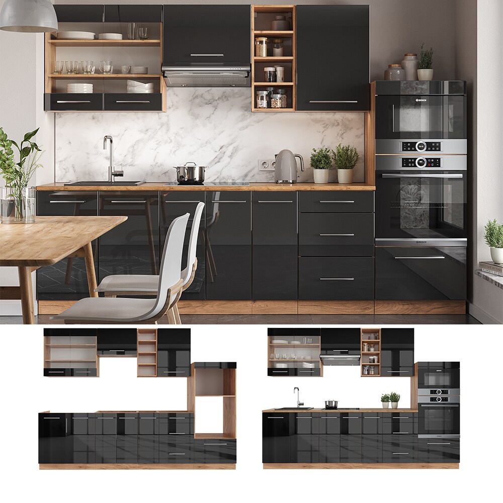 Vicco Küchenzeile Küchenblock Einbauküche Fame-Line Eiche Anthrazit 280 cm modern Spülenunterschrank Unterschrank Schubunterschrank Hängeschrank Mikrowellenschrank Apothekerunterschrank