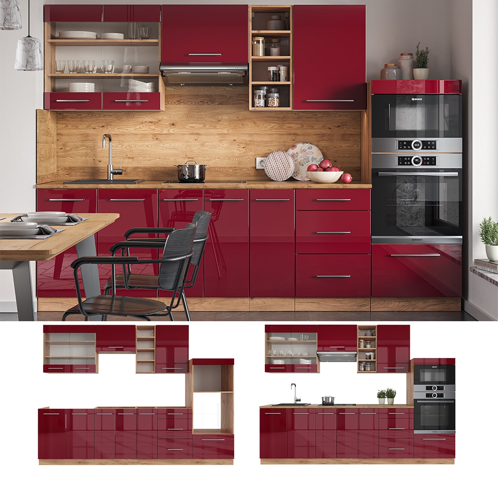 Vicco Küchenzeile Küchenblock Einbauküche Fame-Line Eiche Bordeaux Rot 280 cm modern Spülenunterschrank Unterschrank Schubunterschrank Hängeschrank Mikrowellenschrank Apothekerunterschrank