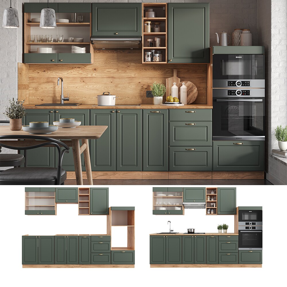 Vicco Küchenzeile Küchenblock Einbauküche Fame-Line Landhaus Eiche Grün Gold 280 cm Spülenunterschrank Unterschrank Schubunterschrank Hängeschrank Mikrowellenschrank Apothekerunterschrank