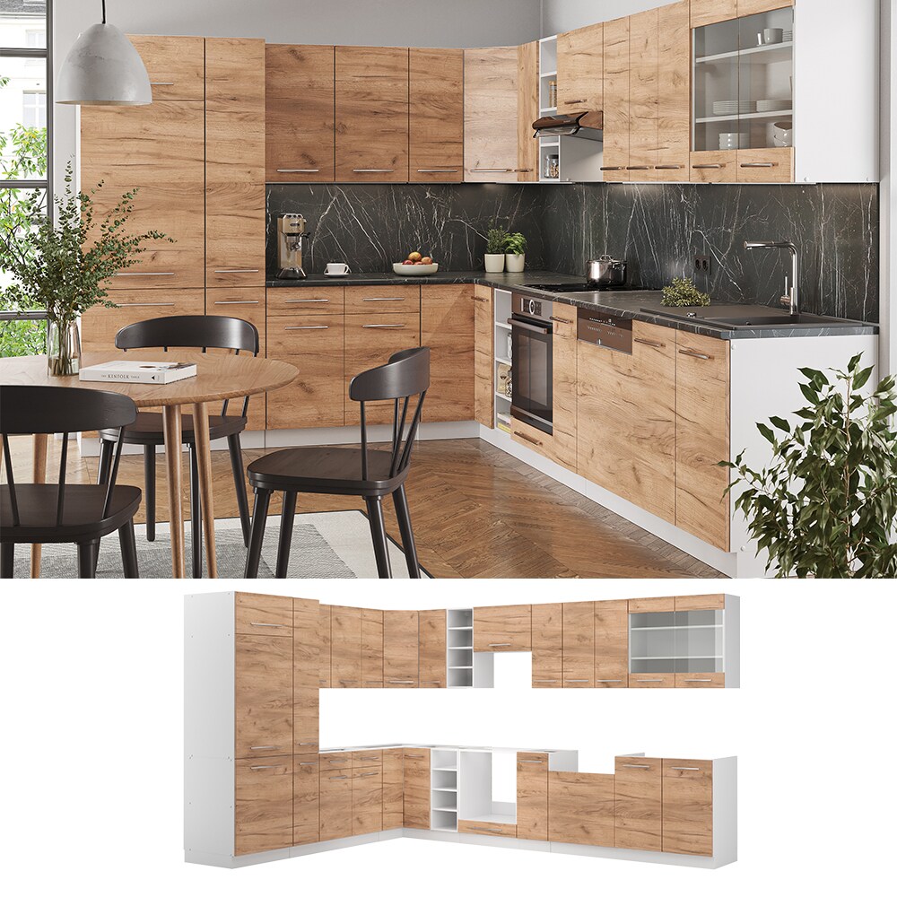 Vicco Eckküche Küchenzeile Einbauküche Fame-Line Weiß Eiche 257x347 cm modern Spülenunterschrank Unterschrank Herdumbauschrank Hängeschrank Kühlumbauschrank Apothekerhochschrank Blende