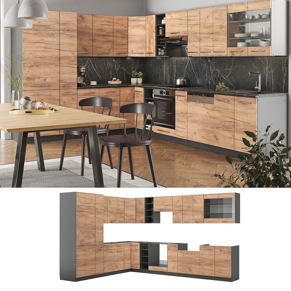 Vicco Eckküche Küchenzeile Einbauküche Fame-Line Anthrazit Eiche 257x347 cm modern Spülenunterschrank Unterschrank Herdumbauschrank Hängeschrank Kühlumbauschrank Apothekerhochschrank Blende