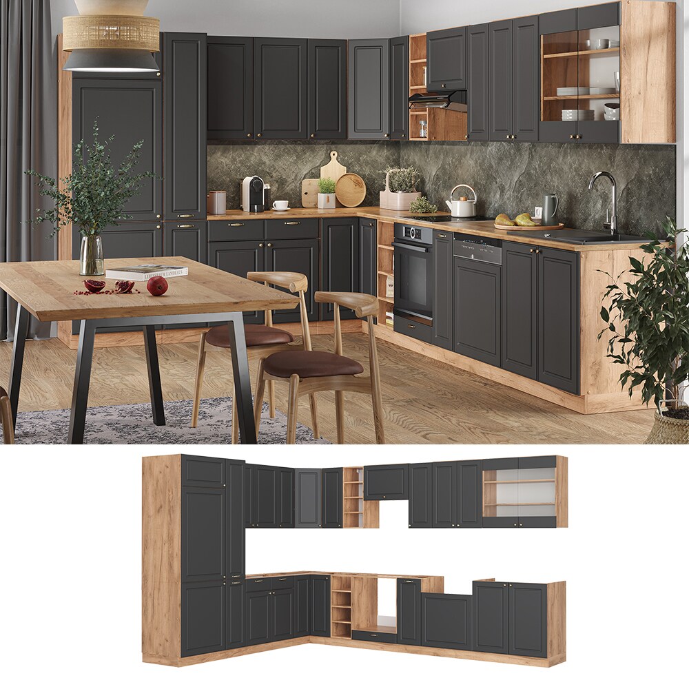 Vicco Eckküche Küchenzeile Einbauküche Fame-Line Landhaus Eiche Anthrazit Gold 257x347 Spülenunterschrank Unterschrank Herdumbauschrank Hängeschrank Kühlumbauschrank Apothekerhochschrank Blende
