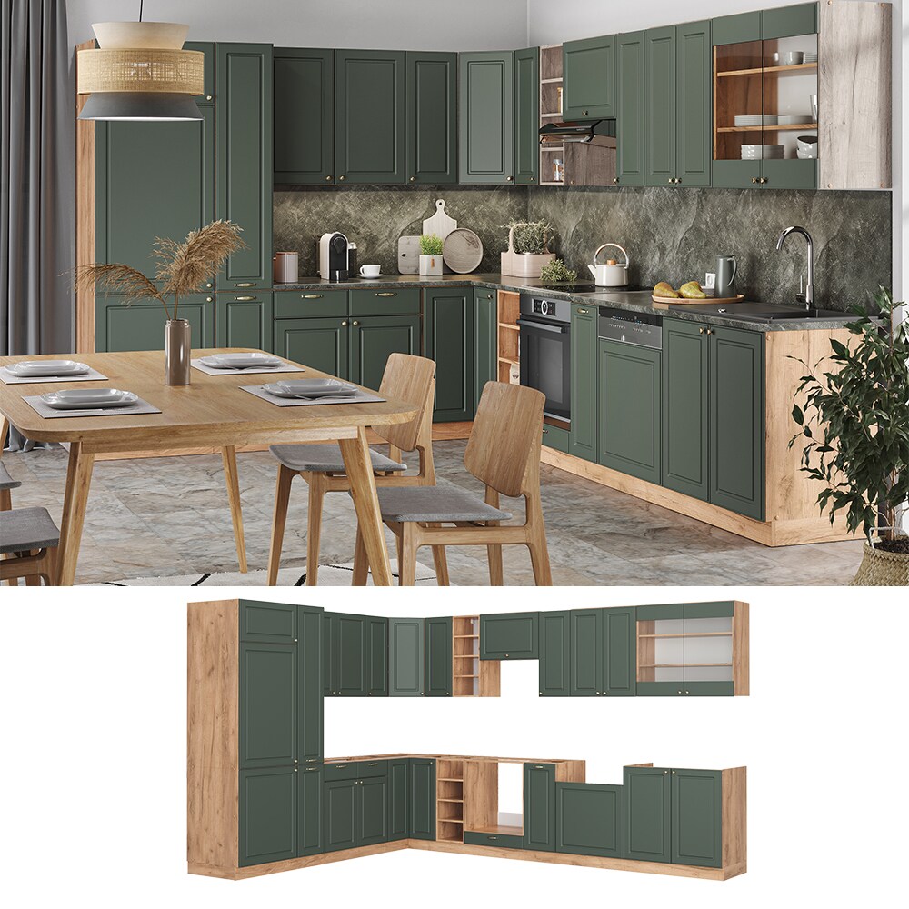 Vicco Eckküche Küchenzeile Einbauküche Fame-Line Landhaus Eiche Grün Gold 257x347 Spülenunterschrank Unterschrank Herdumbauschrank Hängeschrank Kühlumbauschrank Apothekerhochschrank Blende