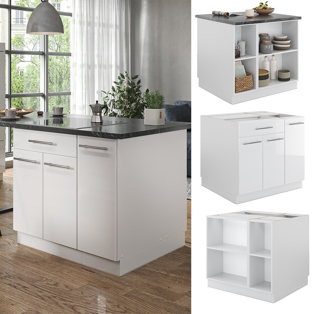 Vicco Kücheninsel Küchenblock Einbauküche Fame-Line Weiß 90 cm modern Hochglanz Küchen Schränke Apothekerunterschrank Schubunterschrank Regalinselunterschrank Softclose-Scharnier Küchenmöbel