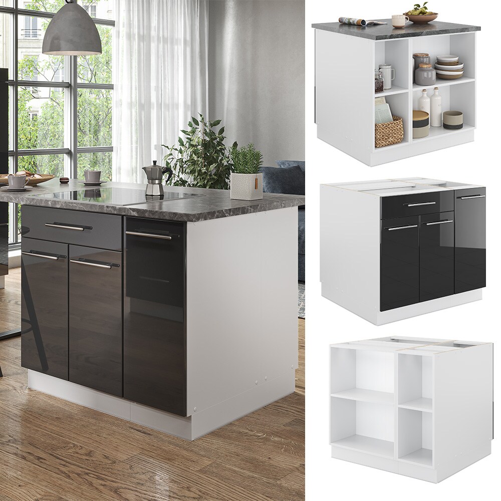 Vicco Kücheninsel Küchenblock Einbauküche Fame-Line Weiß Anthrazit 90 cm modern Hochglanz Küchen Schränke Apothekerunterschrank Schubunterschrank Regalinselunterschrank Softclose-Scharnier Küchenmöbel