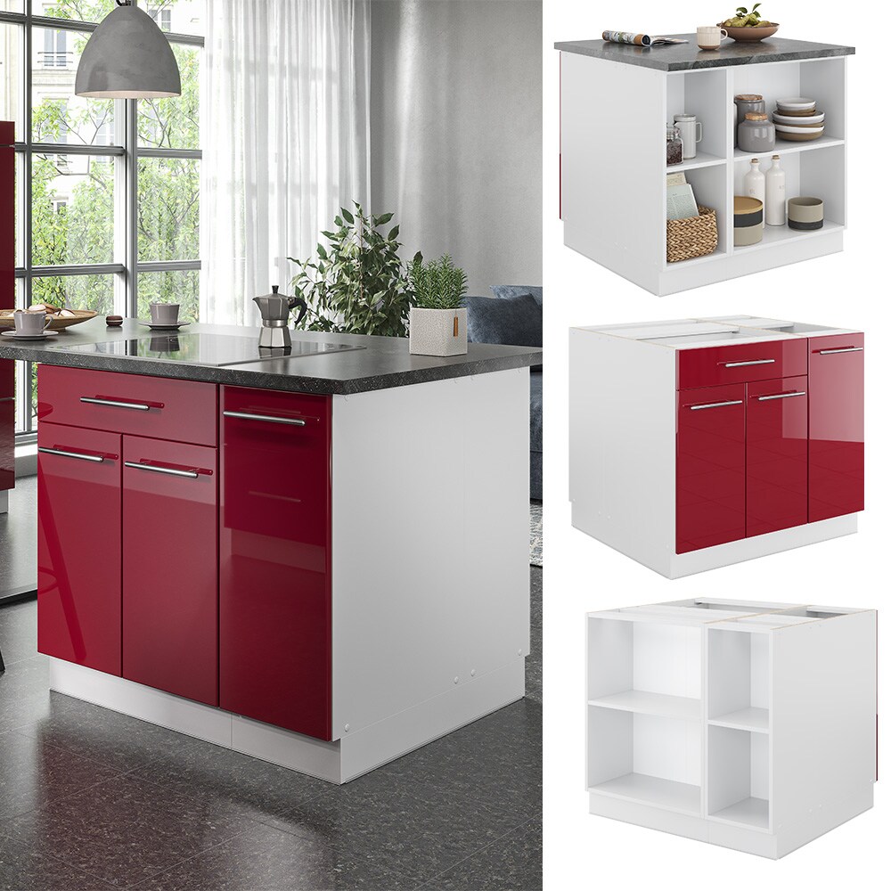 Vicco Kücheninsel Küchenblock Einbauküche Fame-Line Weiß Bordeaux-Rot 90 cm modern Hochglanz Küchen Schränke Apothekerunterschrank Schubunterschrank Regalinselunterschrank Softclose-Scharnier Küchenmöbel